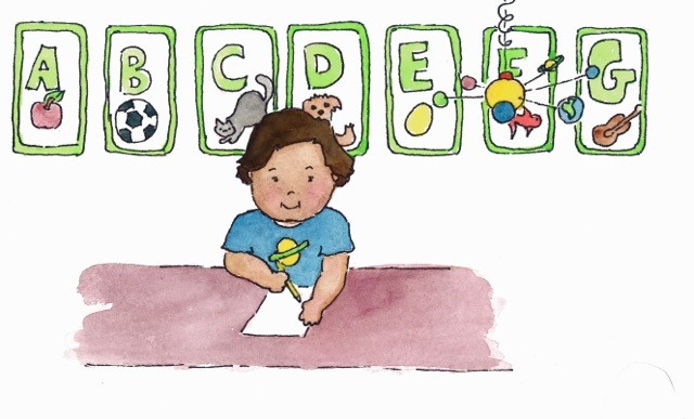 illustration of a child at a desk with alphabet in background