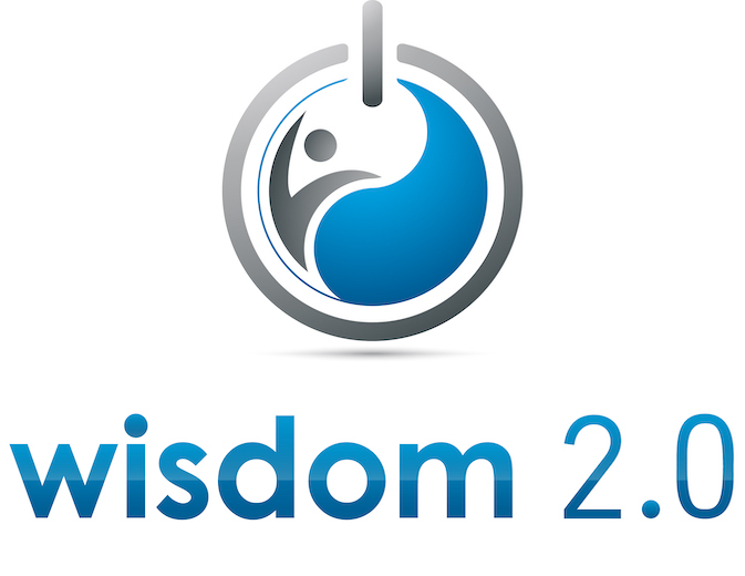 Wisdom 2.0 logo in blue, gray, and white