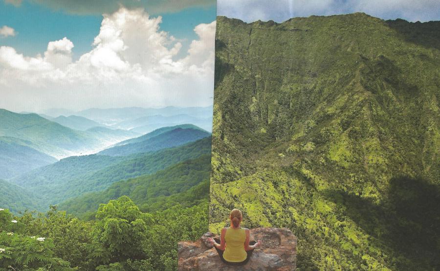 collage of woman looking over green hills