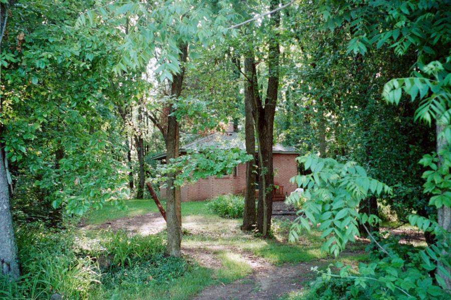 brick cabin in green woods