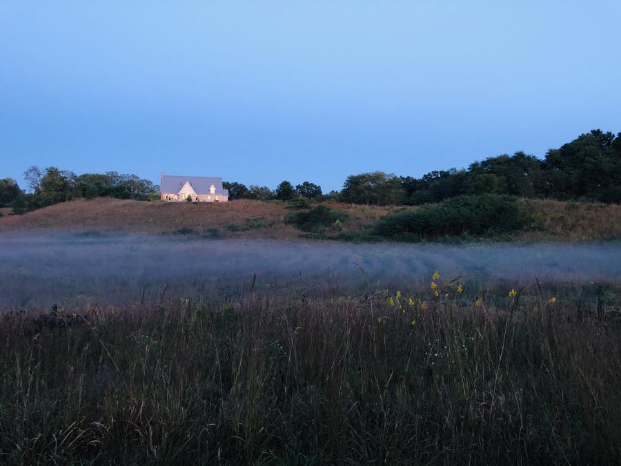 foggy field in front of white building