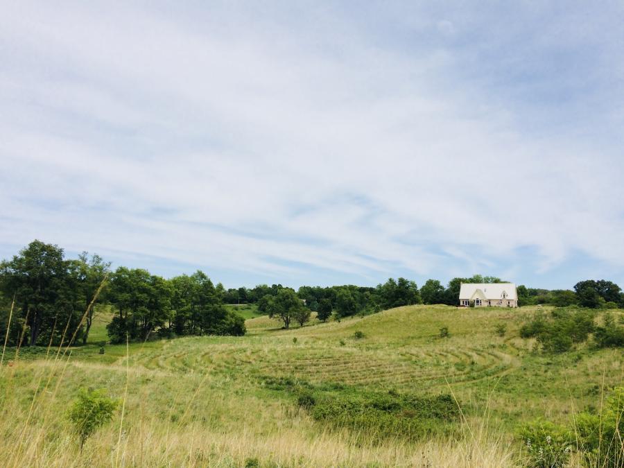 GilChrist's WindHill house with field in foreground, summer