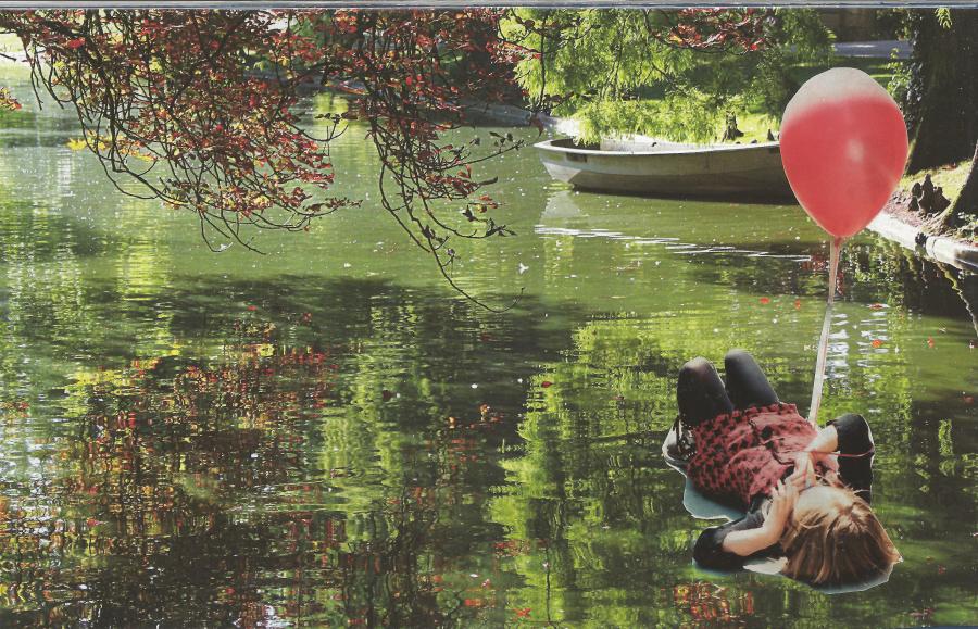 Collage with girl floating on her back with a red balloon above