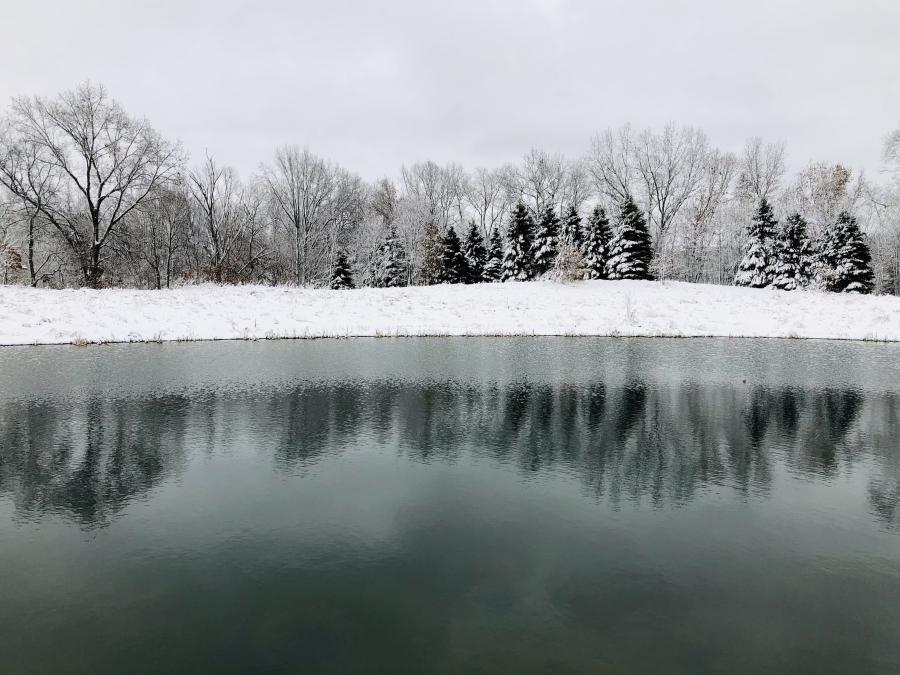 Snow-laced trees reflected in lake at GilChrist retreat center