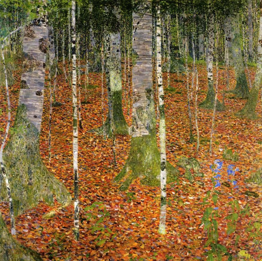 painting of birch forest with fallen leaves by Gustav Klimt