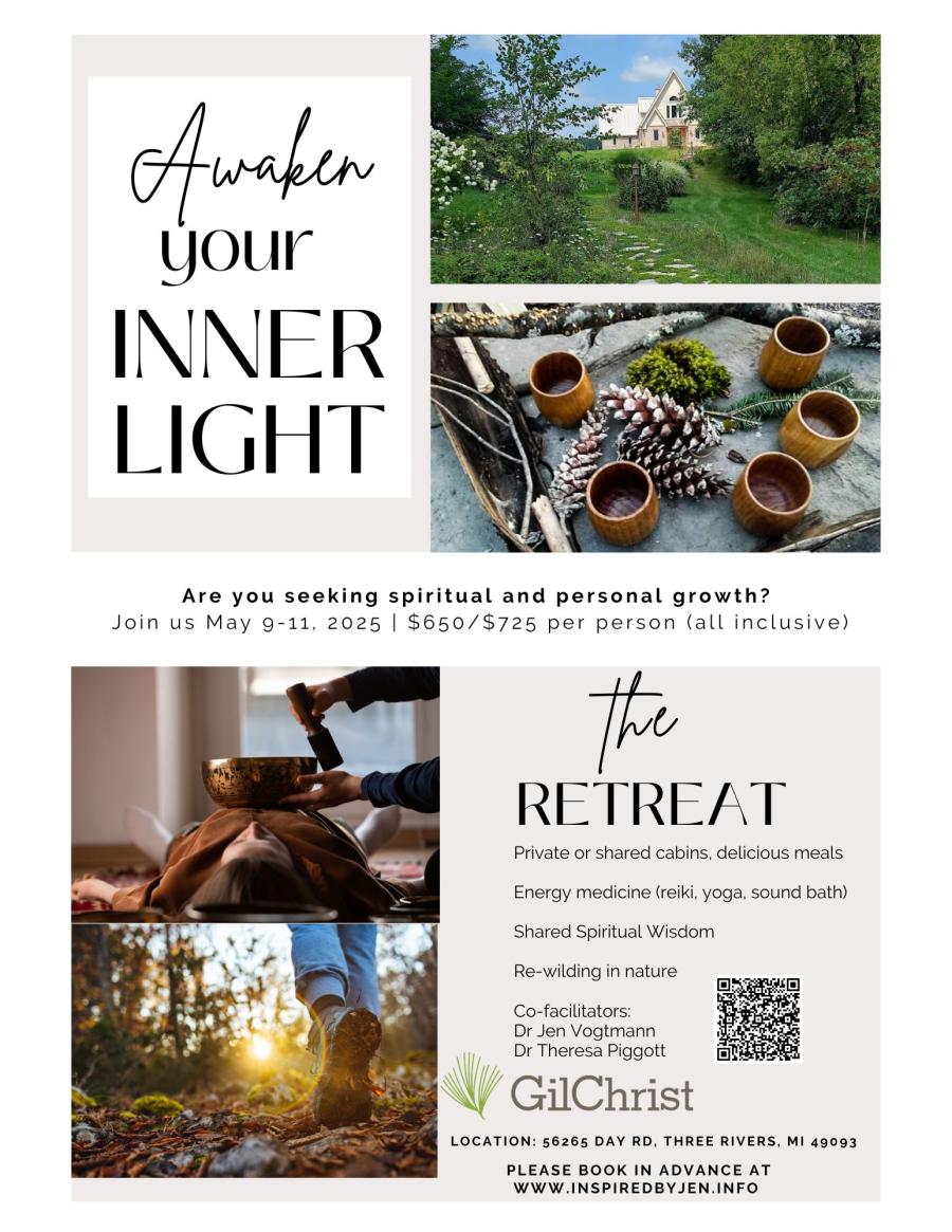 informational poster with images of sound baths, walking in forests, and nature items