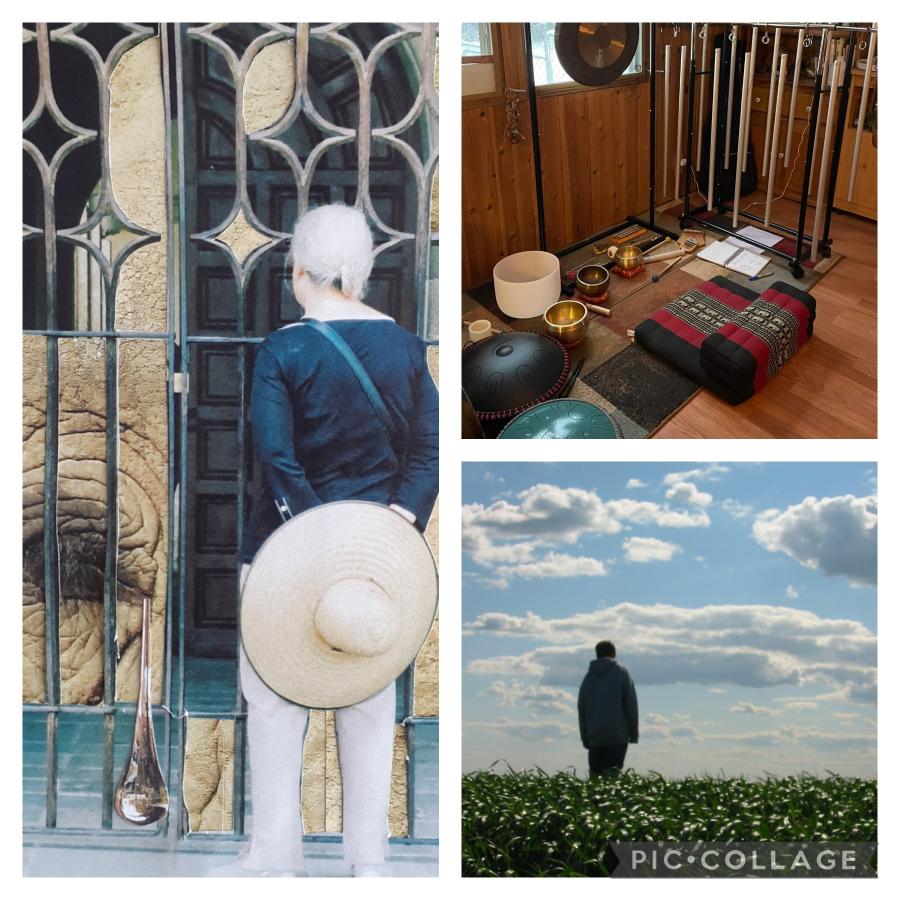 collage of woman looking through gate, meditation supplies, and person standing in field of flowers