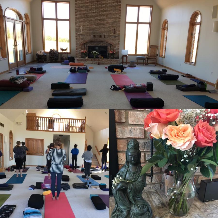 collage of yoga retreat, yoga mats, roses