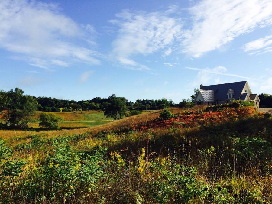 building and field with changing colors