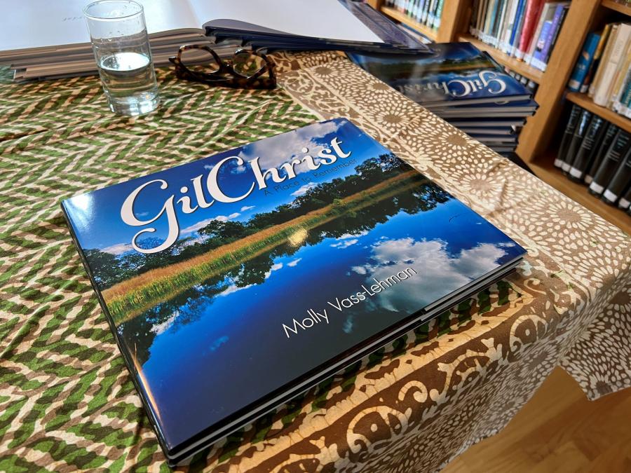 book with blue cover on green striped tablecloth