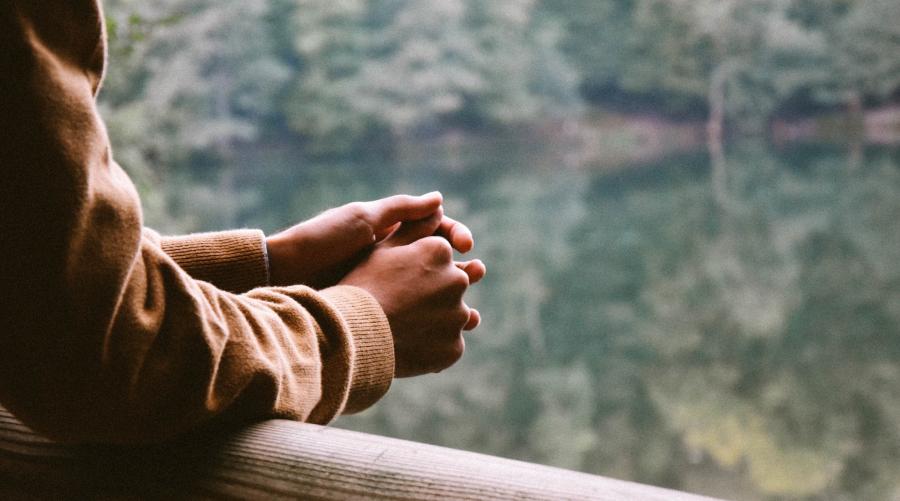 Person's arms in gold jacket leaning on railing overlooking forest