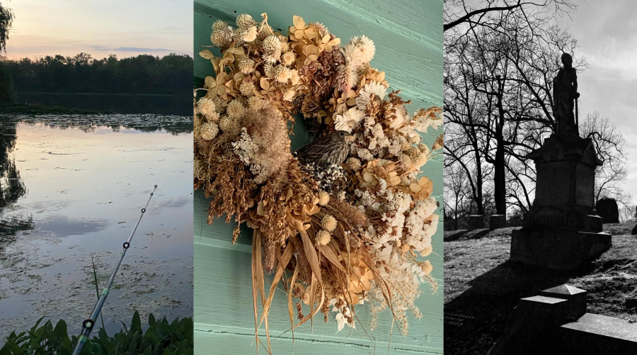 3 images: Lake with fishing pole; Wreath with wren; Monument in cemetery