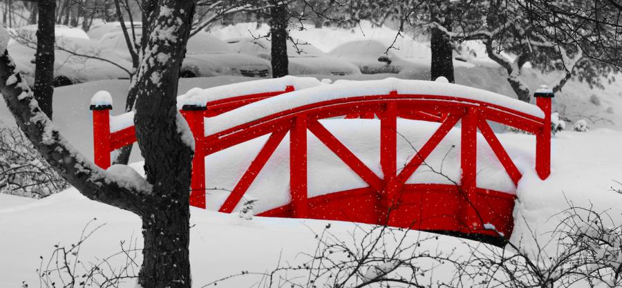 Red foot bridge in snow