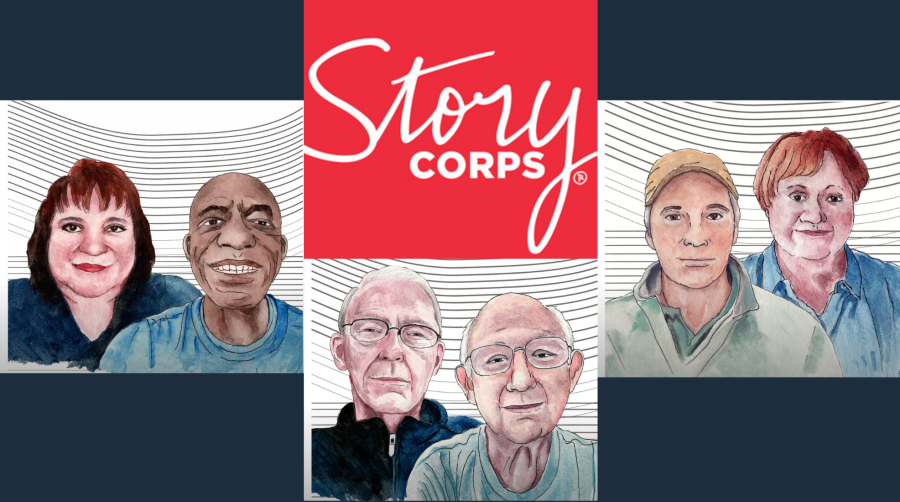 Drawings of six longtime Fetzer staff members with StoryCorps logo in center