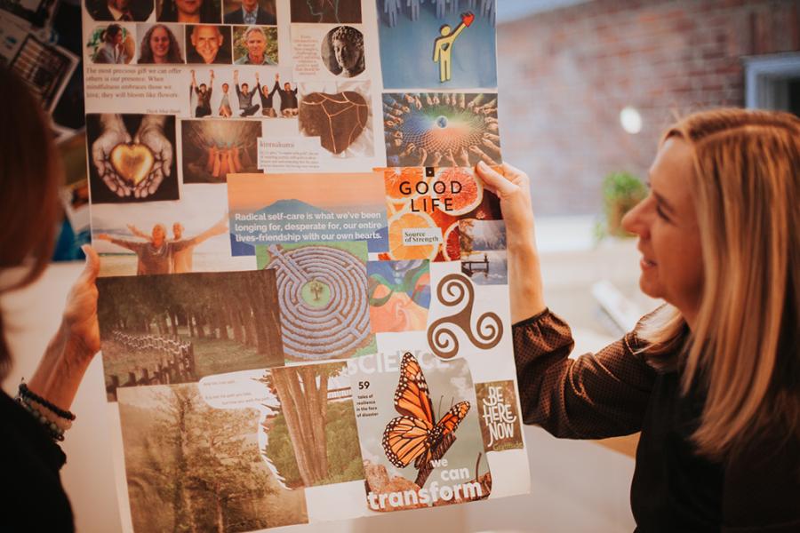 two women look at a collage of wellness images