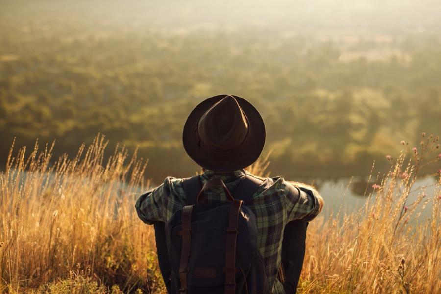person looks out at water and grass in the warm sun
