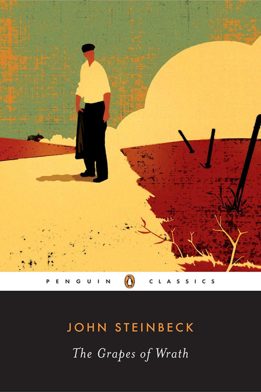 The Grapes of Wrath cover illustration with man on dusty trail
