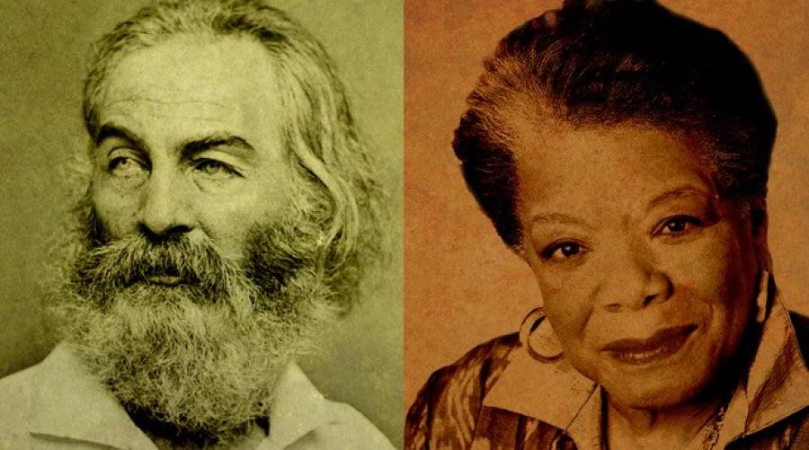 Walt Whitman and Maya Angelou photo portraits, left to right