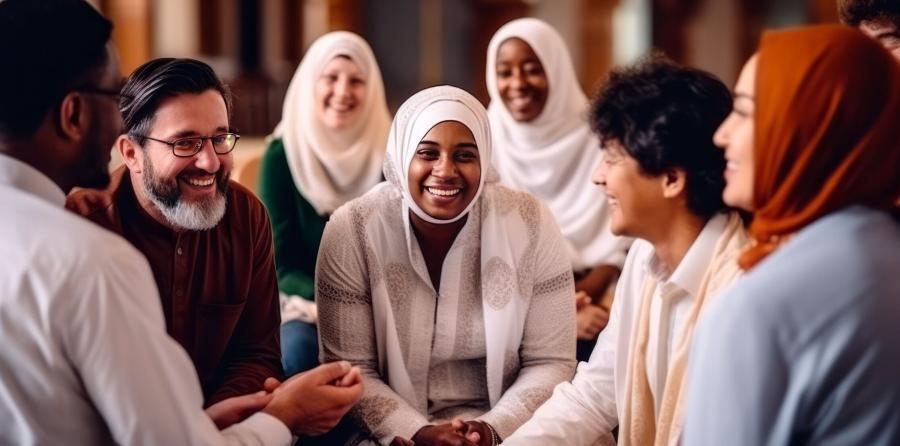 Image of an interfaith dialogue demonstrating respect and understanding among diverse religions. The scene embodies community togetherness and the essence of humanity, generative ai