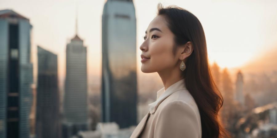 Successful asian businesswoman standing in city street, dreaming of new investments at sunset