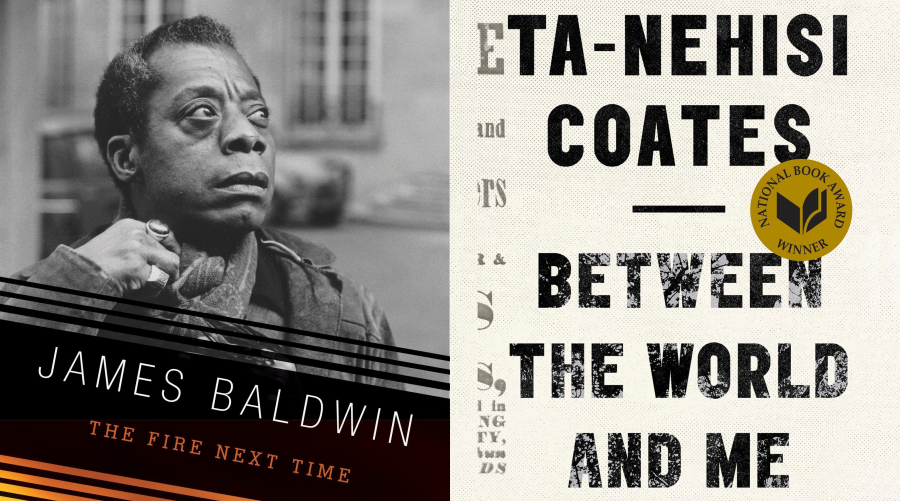 Book covers for James Baldwin and Ta-Nehisi Coates