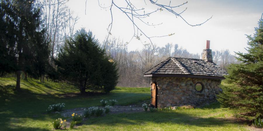 Stone chapel, spring view, at GilChrist Retreat Center