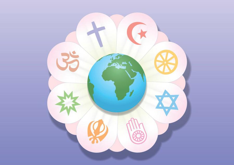 illustration of faith symbols around a globe