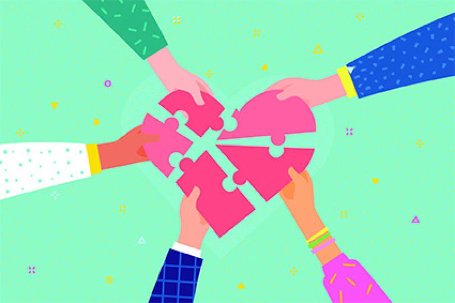 5 illustrated hands each with a puzzle piece that makes a heart